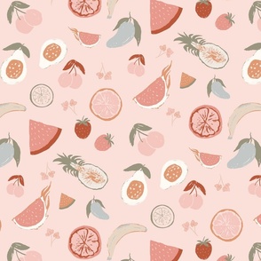 [Small] Tossed Sweet Summer fruits including papaya, watermelon, banana, cherry, strawberry, lime, lemon, orange, mangoes in dusty pink  background and earth tone color