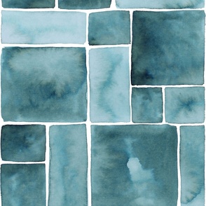 Textured and Tonal Wallpaper - Blue Green Watercolor Ink Patchwork Painting Tile Design