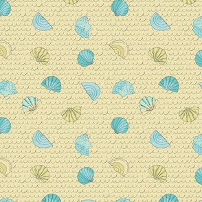 Beach with shells in soft yellow and blue colors