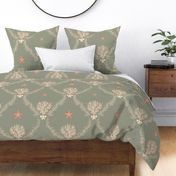 Elegant coastal trellis with coral and seaweed - neutrals and orange on lichen green, sage - large