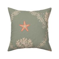 Elegant coastal trellis with coral and seaweed - neutrals and orange on lichen green, sage - large