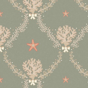 Elegant coastal trellis with coral and seaweed - neutrals and orange on lichen green, sage -medium