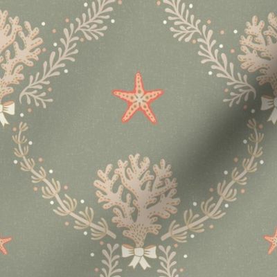 Elegant coastal trellis with coral and seaweed - neutrals and orange on lichen green, sage - small