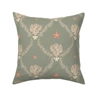 Elegant coastal trellis with coral and seaweed - neutrals and orange on lichen green, sage - small