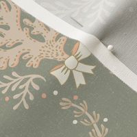 Elegant coastal trellis with coral and seaweed - neutrals and orange on lichen green, sage - small