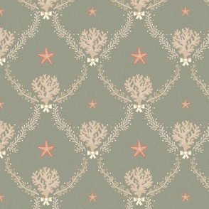 Elegant coastal trellis with coral and seaweed - neutrals and orange on lichen green, sage - small