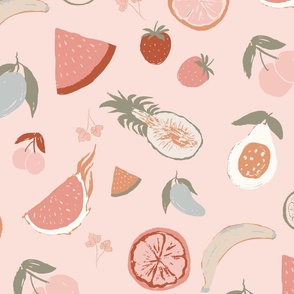[Medium] Tossed Sweet Summer fruits including papaya, watermelon, banana, cherry, strawberry, lime, lemon, orange, mangoes in  muted pink background, earthtone color