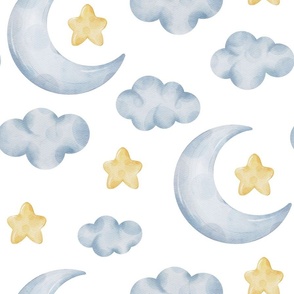 Watercolor Sweet Dreams, Clouds Moon and Stars Pattern