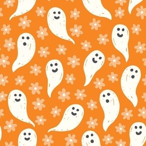 Halloween Ghosts and Flowers on Dark Orange