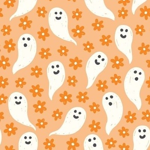 Halloween Ghosts and Flowers on Light Orange