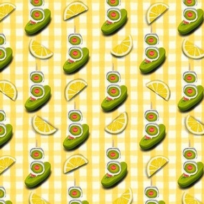 6” repeat Anchovies and olives on Cornichon gherkin boats with lemon quarters on watercolour hand painted gingham in  yellow and off white with faux woven texture