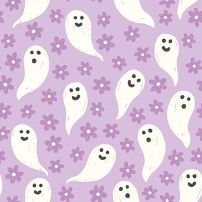 Halloween Ghosts and Flowers on Lavender Purple