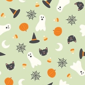 Halloween Ghost Witch Cat Pumpkin Icons on Green Loose