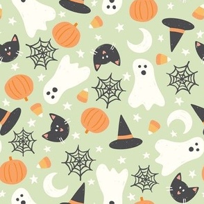 Halloween Ghost Witch Cat Pumpkin Icons on Green