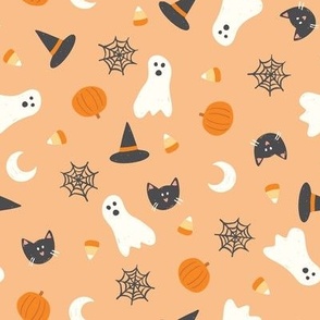 Halloween Ghost Witch Cat Pumpkin Icons on Orange Loose