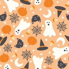 Halloween Ghost Witch Cat Pumpkin Icons on Orange