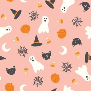 Halloween Ghost Witch Cat Pumpkin Icons on Pink Loose