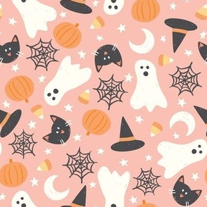 Halloween Ghost Witch Cat Pumpkin Icons on Pink