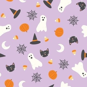 Halloween Ghost Witch Cat Pumpkin Icons on Lavender Purple Loose
