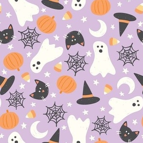 Halloween Ghost Witch Cat Pumpkin Icons on Lavender Purple