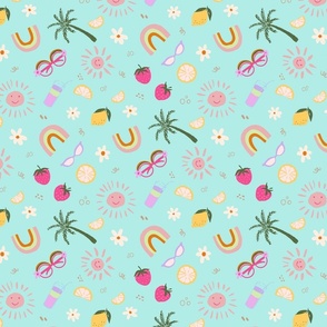 {Medium} Tossed Sweet Summer with rainbows, sunshines, lemonade, sunglasses, palm tree, strawberries, floral, in vibrant background with a little bit of retro feel