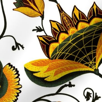 24” repeat Art deco floral whimsy,  handdrawn boho botanicals with faux woven burlap texture in orange, yellow, dark green and gold effect on white