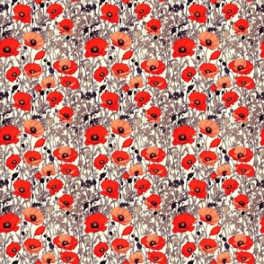 Lemon Cream Background with Red Poppies, Grey Black, Smaller scale