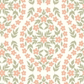 Floral Damask Cottagecore Green and Pink on White