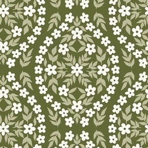Floral Damask Cottagecore White and Sage on Forest Green