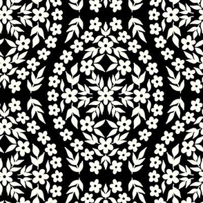 Floral Damask Cottagecore White on Black