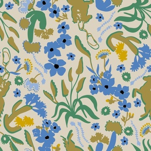 LARGE WESTERN CHINTZ BOTANICAL FLORAL CATCUS FLOWERS, LEAVES, COWBOY MULTI GREENS,DENIM BLUE, GOLD YELLOW ON LIGHT BASE