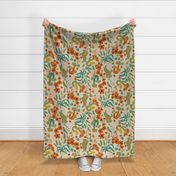 LARGE WESTERN CHINTZ BOTANICAL FLORAL CATCUS FLOWERS, LEAVES, COWBOY MULTI GREENS,ORANGE, YELLOW LIGHT BASE