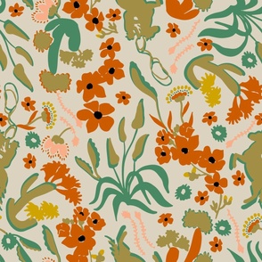 LARGE WESTERN CHINTZ BOTANICAL FLORAL CATCUS FLOWERS, LEAVES, COWBOY MULTI GREENS,ORANGE, YELLOW LIGHT BASE