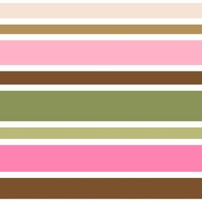 Preppy Stripes // Horizontal // Pink, Green, Brown, White // V1 // Large Scale - 400 DPI