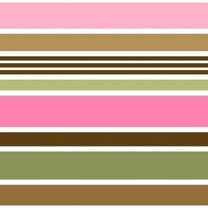 Preppy Stripes // Horizontal // Pink, Green, Brown, White // V5 // Medium Scale - 800 DPI