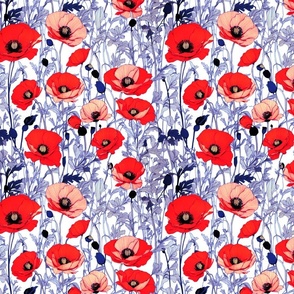 Showstopper Poppies in Red Heather Blue Lilac on White