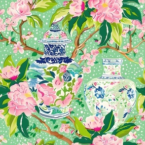 Preppy ginger jars and peonies on green