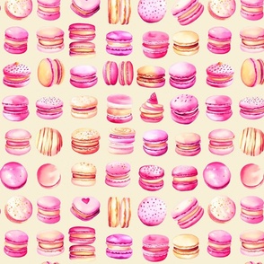 French Macaron Pink Pastel Watercolor Pattern On Yellow Smaller Scale