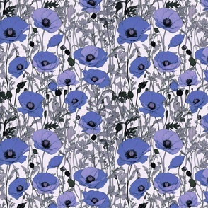 Showstopper Poppies in Muted Blue Grey on Pale Lilac with Black to Deep Olive Edging