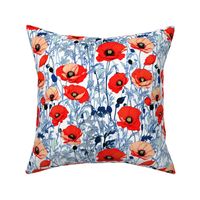 Showstopper Poppies in Red with Mint Blue Navy