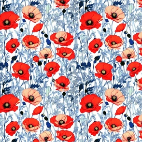 Showstopper Poppies in Red with Mint Blue Navy