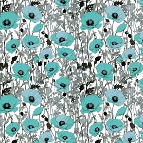 Showstopper Poppies in Duck Egg Green-Blue with Grey on White