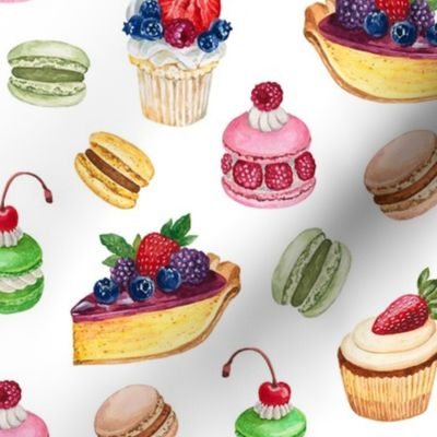 Never Skip Dessert, Hand Drawn Watercolor Cupcakes, Pies and French Macarons on White, L