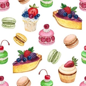 Never Skip Dessert, Hand Drawn Watercolor Cupcakes, Pies and French Macarons on White, L