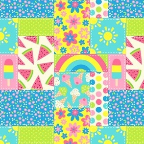 Patchwork Summer in Pink Green Blue & Yellow (Small Scale)