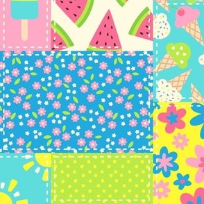 Patchwork Summer in Pink Green Blue & Yellow (Medium  Scale)