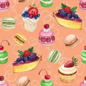 Never Skip Dessert, Hand Drawn Watercolor Cupcakes, Pies and French Macarons on Peach, L