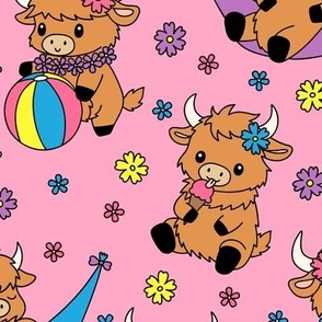 Summer Highland Cows on Pink (Large Scale)