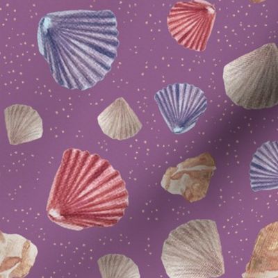 (s) Trip to the beach - shells and nacre on a shiny sand shore texture on middle purple Rhinestone