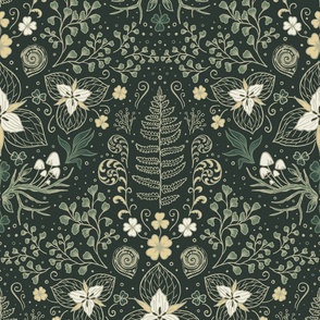 Wildwood flora.  Forest biome. Botanical damask  - Earthy green-Sage green -Large scale